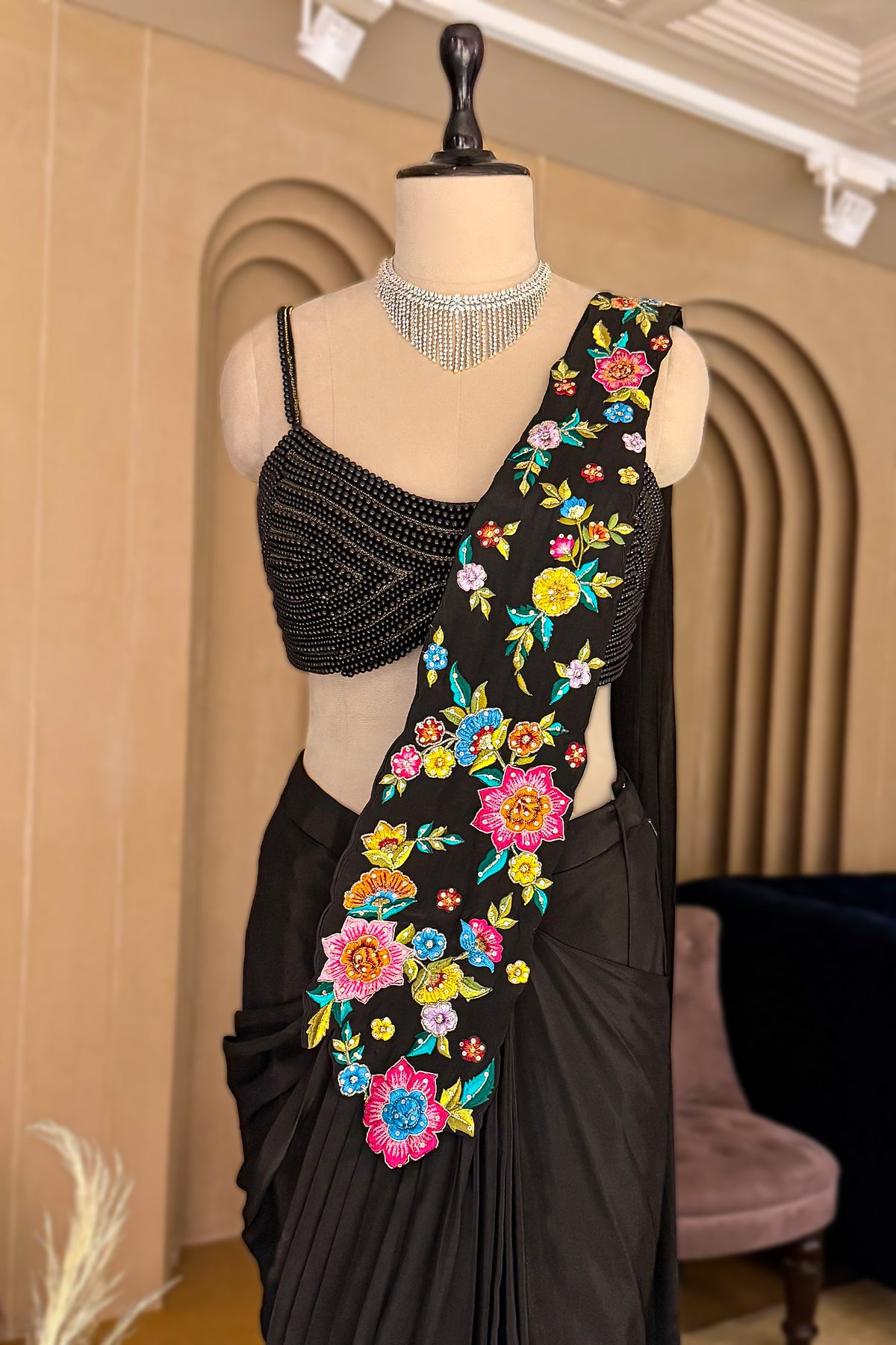 Designer Black Crepe Satin Silk Floral Embroidered Readymade Saree for cocktail galas and upscale receptions