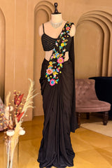 Black Crepe Satin Silk Floral Embroidered Readymade Saree featuring a delicate pearl-work blouse