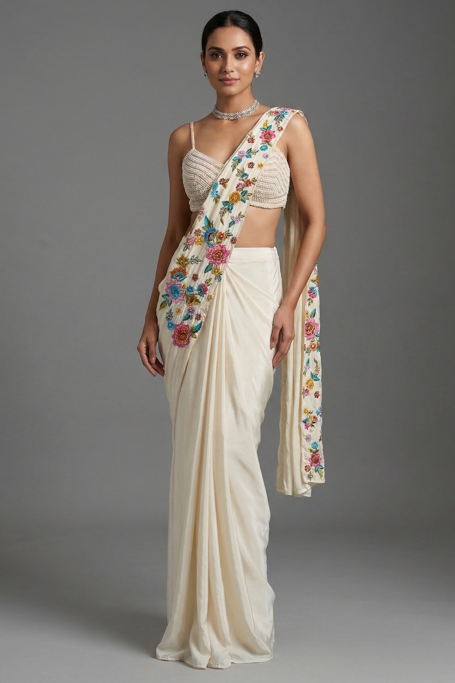 Cream Crepe Satin Silk Floral Embroidered Readymade Saree - Front View
