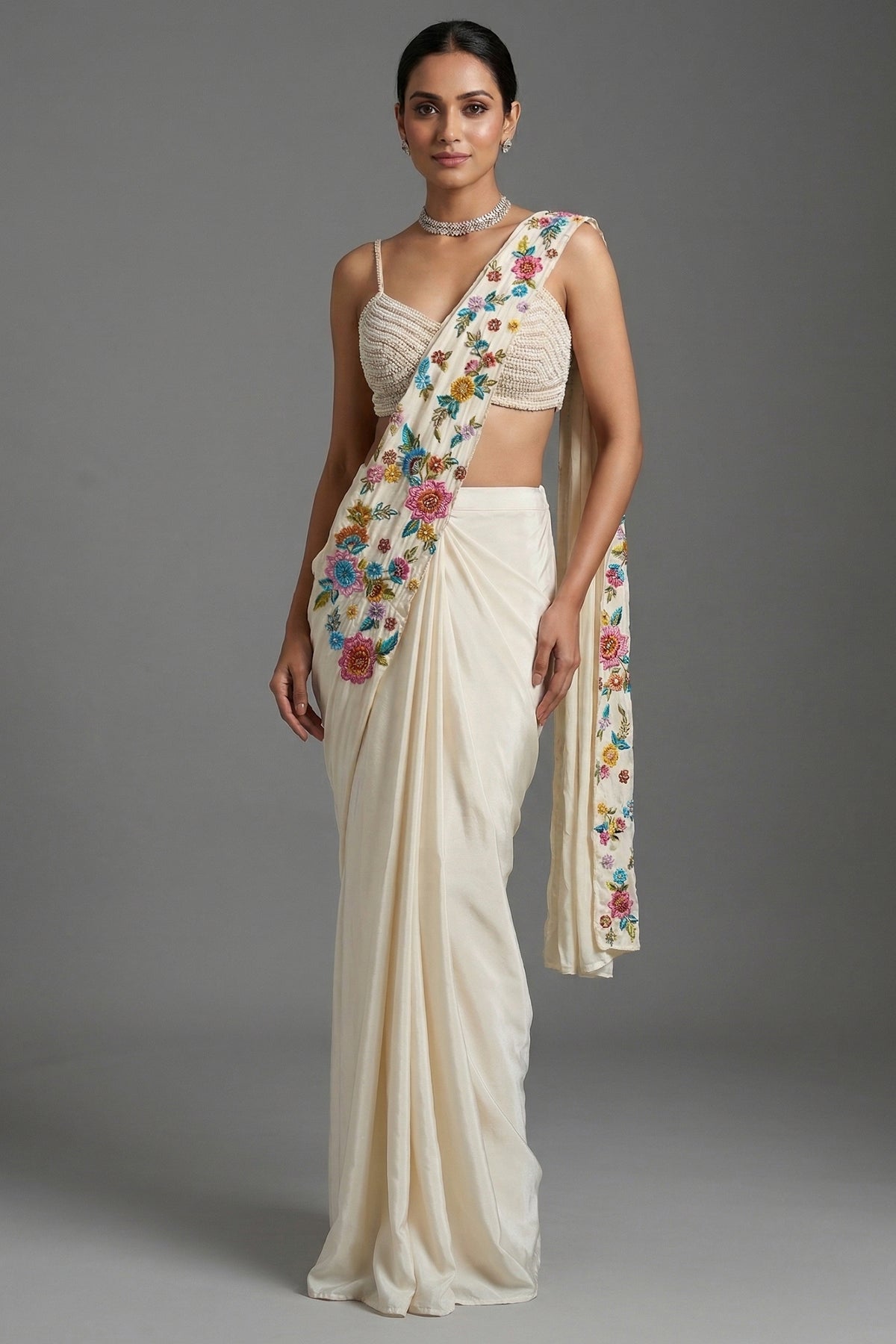 Cream Crepe Satin Silk Floral Embroidered Readymade Saree - Front View