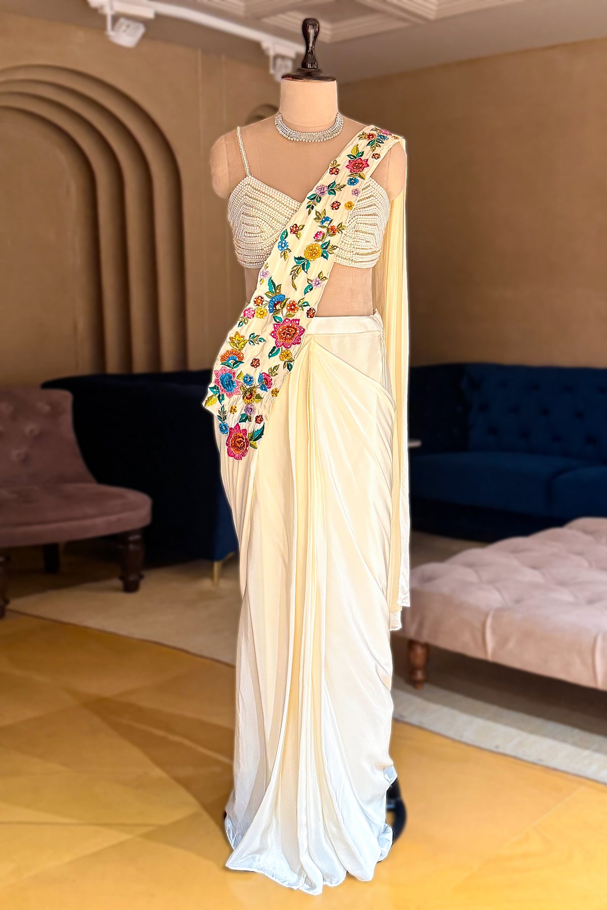 Cream Crepe Satin Silk Floral Embroidered Readymade Saree featuring a designer pearl-work blouse