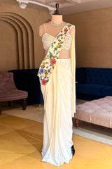 Cream Crepe Satin Silk Floral Embroidered Readymade Saree featuring a designer pearl-work blouse