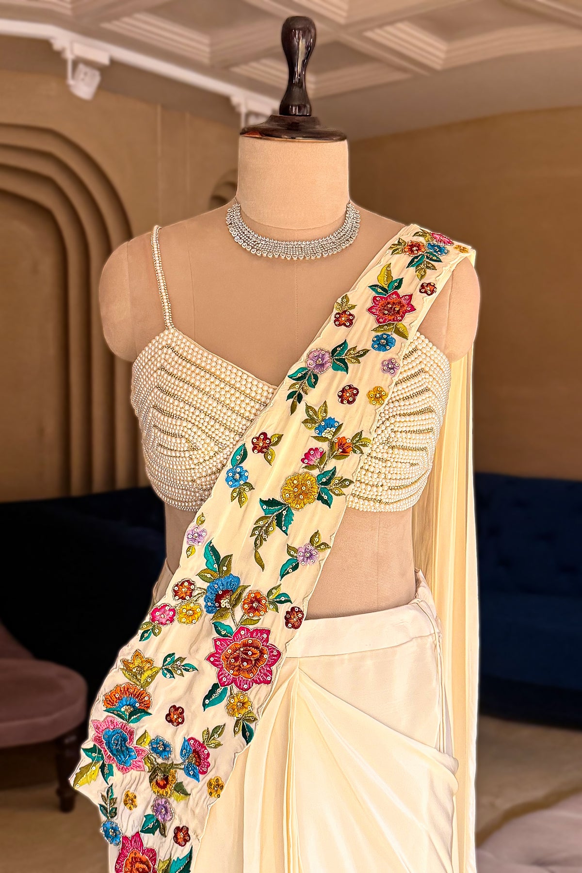 Designer Cream Crepe Satin Silk Floral Embroidered Readymade Saree for daytime weddings