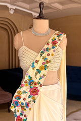Designer Cream Crepe Satin Silk Floral Embroidered Readymade Saree for daytime weddings