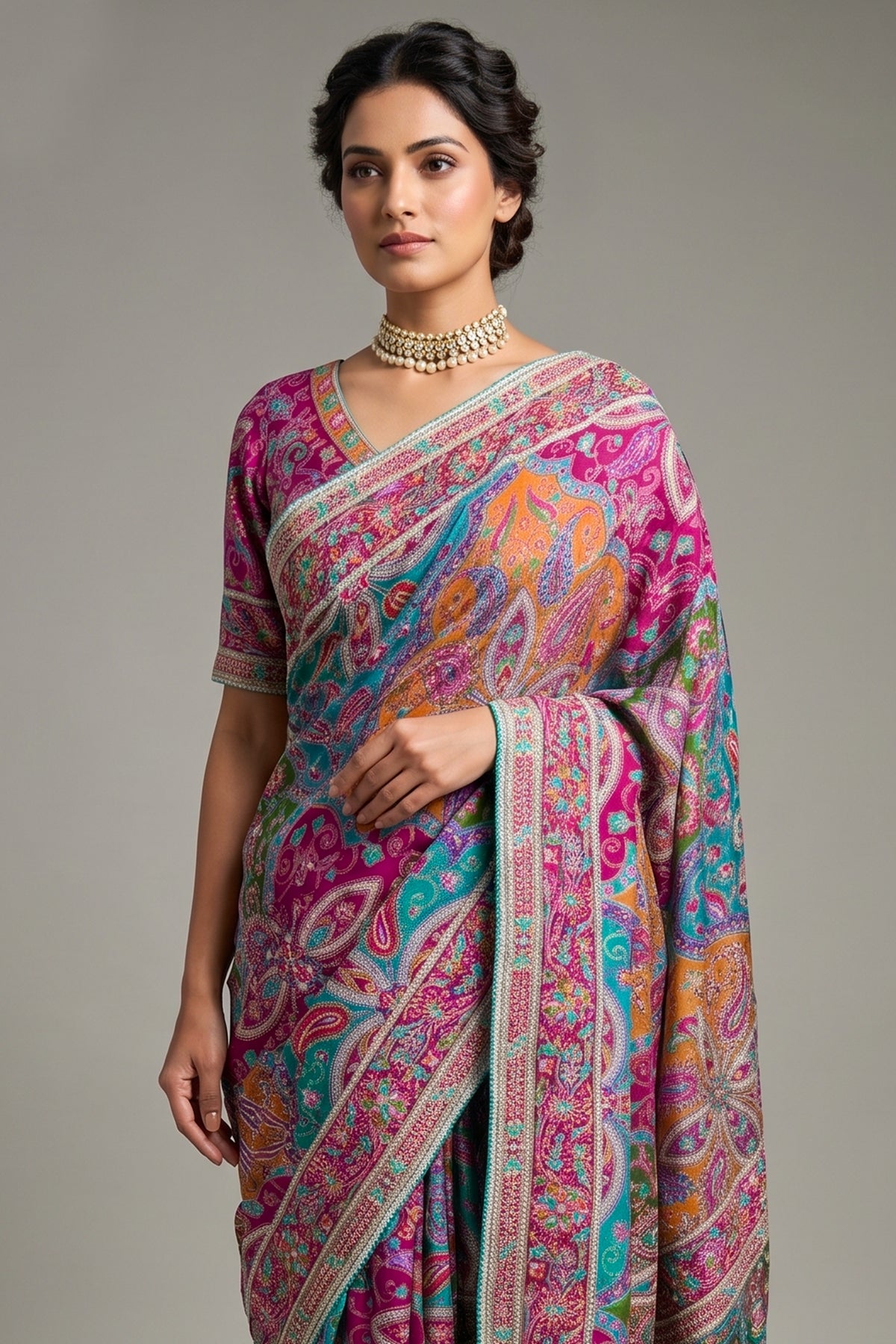 Multi Colored Modal Silk Printed Saree with Readymade Blouse - red silk saree