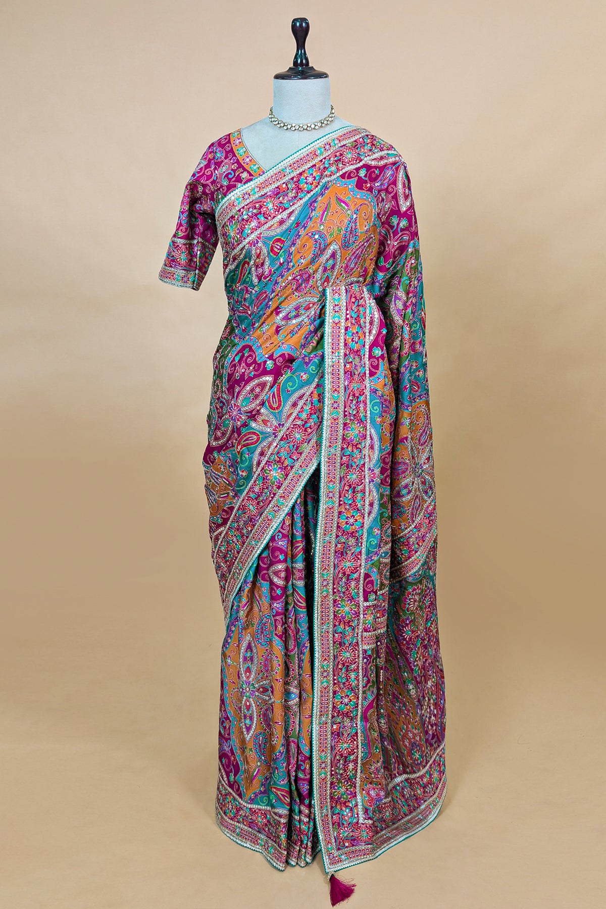 Multi Colored Modal Silk Printed Saree with Readymade Blouse - red silk saree