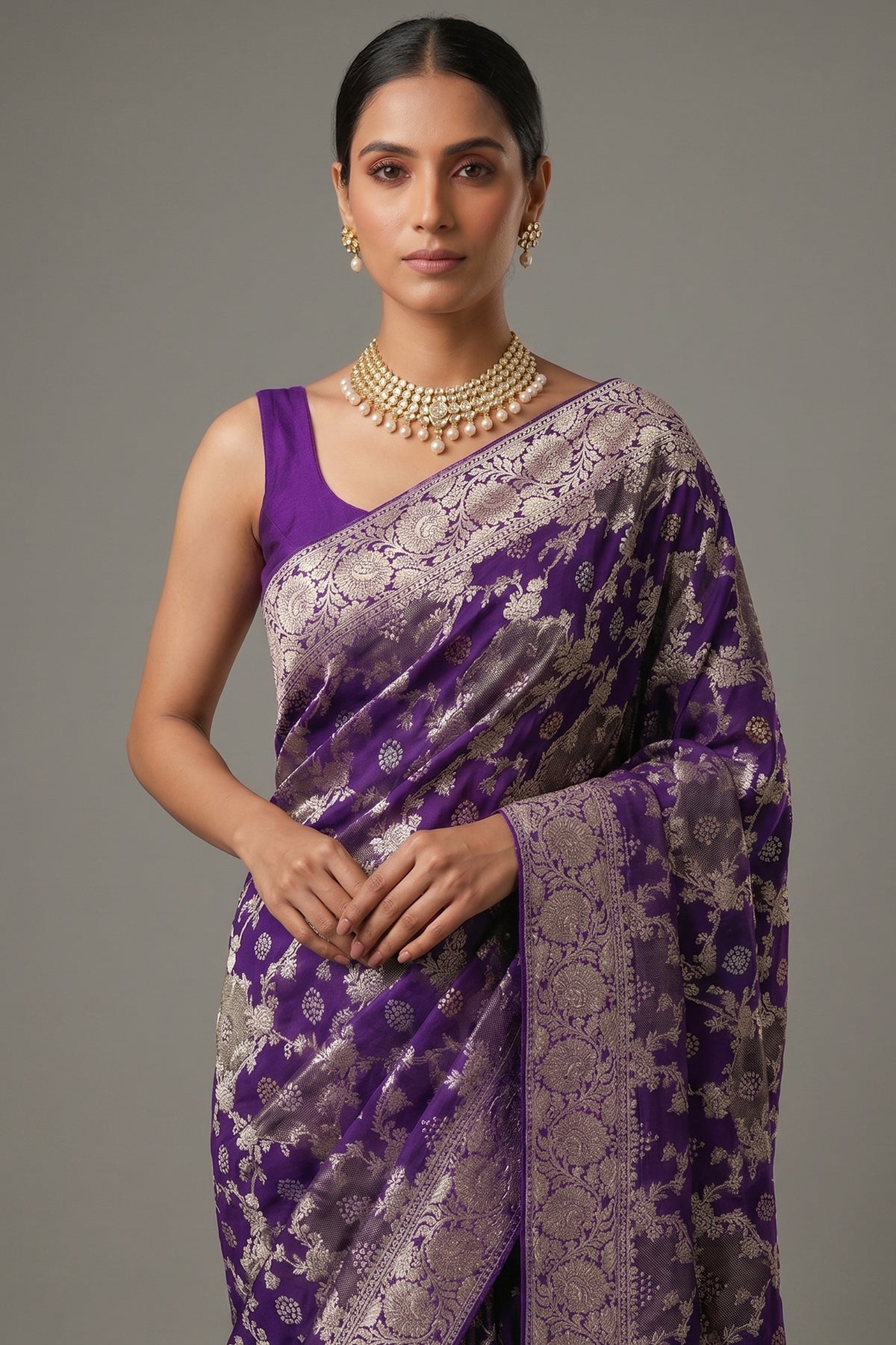 Purple Georgette Woven Saree with Cutdana Work - purple georgette saree