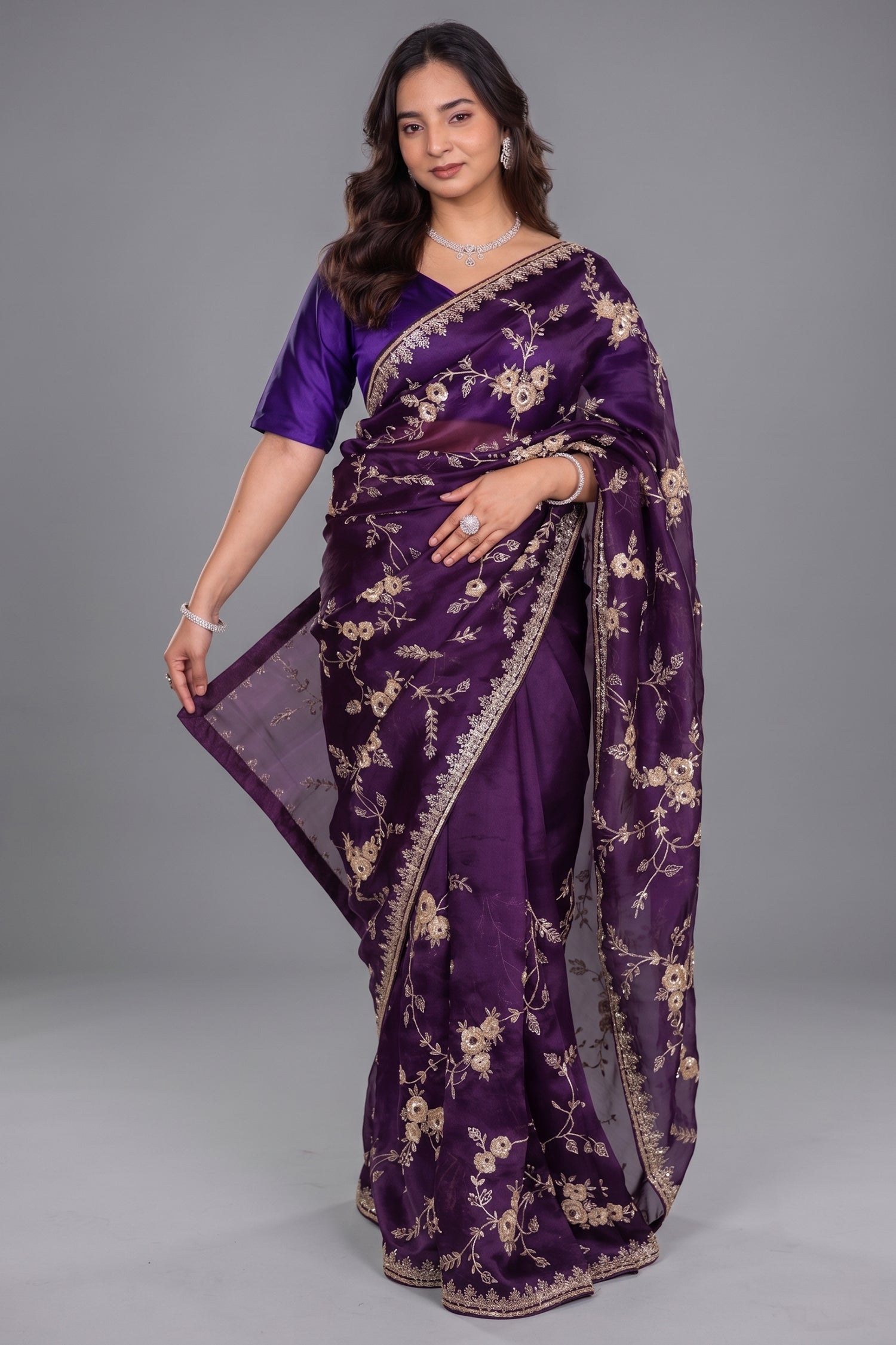 The Deep Purple Organza Saree with All-Over Floral Zari Vines and Cutdana Borders Main image