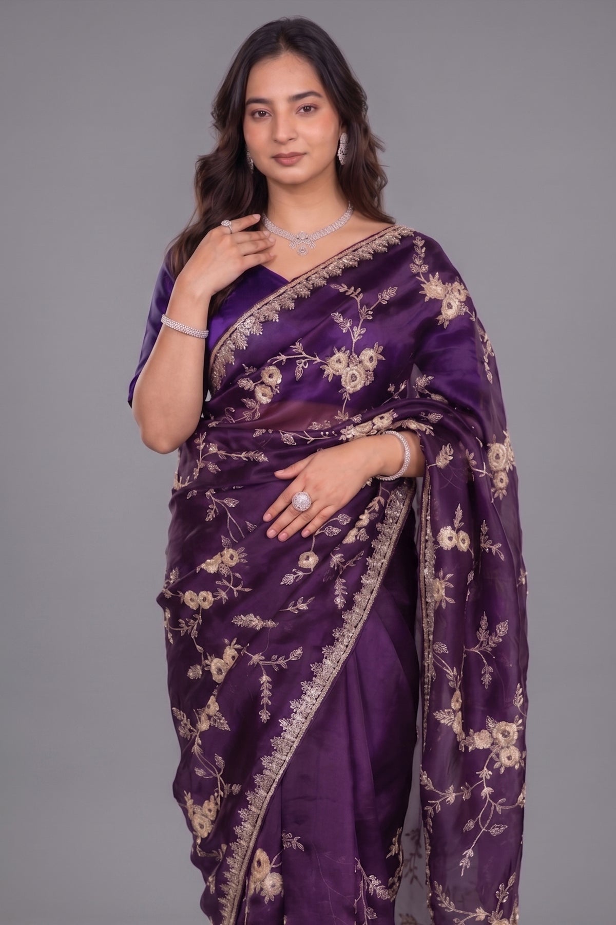 The Deep Purple Organza Saree with All-Over Floral Zari Vines and Cutdana Borders