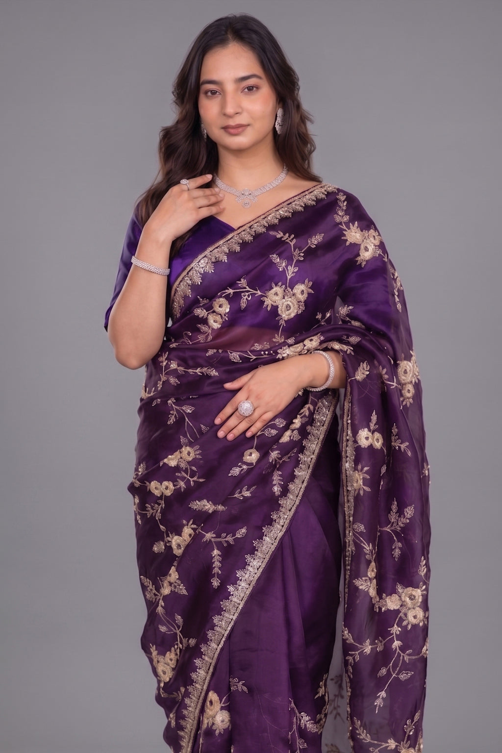 The Deep Purple Organza Saree with All-Over Floral Zari Vines and Cutdana Borders