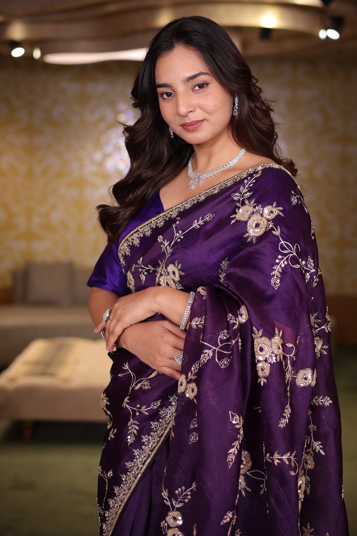 The Deep Purple Organza Saree with All-Over Floral Zari Vines and Cutdana Borders
