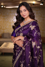 The Deep Purple Organza Saree with All-Over Floral Zari Vines and Cutdana Borders