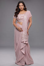The Rose Pink Sequinned Lycra Net Cocktail Saree with Pallu Fringes and Coordinated Stitched Blouse
