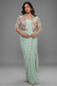 The Mint Sea Green Pre-Stitched Lycra Net Saree with Cowrie Shell Borders and Cape Blouse with Pearl and Bead Floral Embroidery
