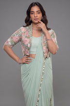 The Mint Sea Green Pre-Stitched Lycra Net Saree with Cowrie Shell Borders and Cape Blouse with Pearl and Bead Floral Embroidery