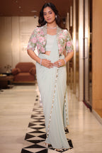 The Mint Sea Green Pre-Stitched Lycra Net Saree with Cowrie Shell Borders and Cape Blouse with Pearl and Bead Floral Embroidery