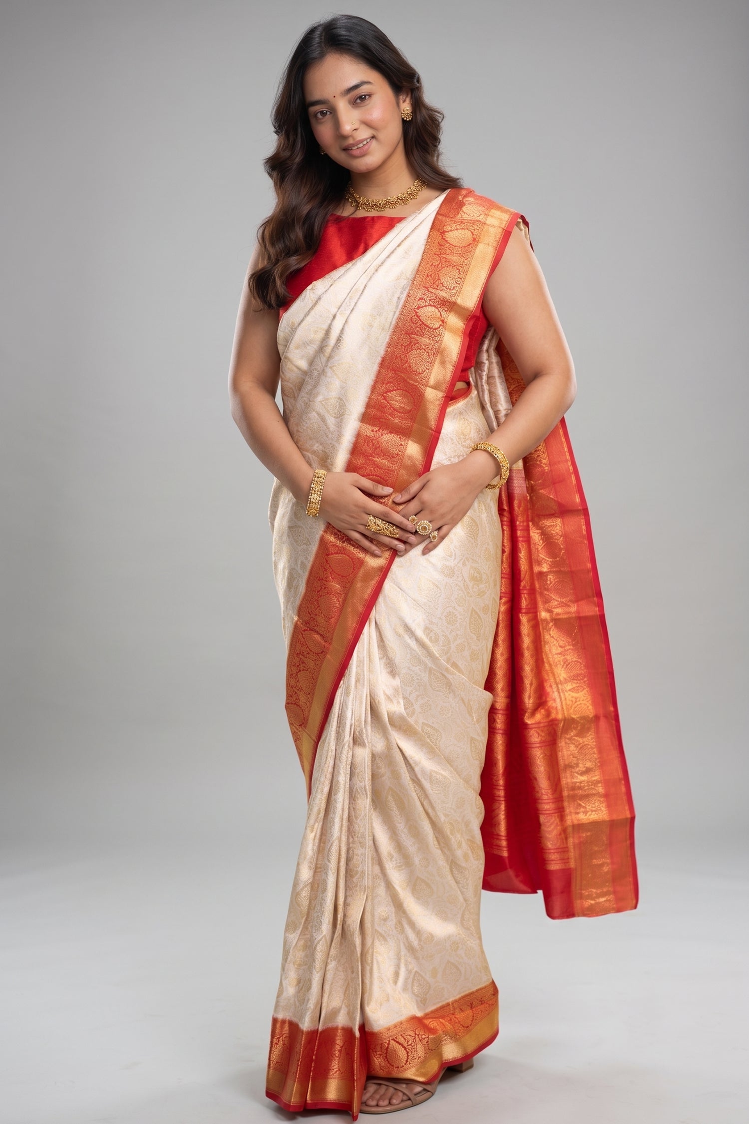 Cream Kanchipuram Saree Featuring Intricate All-Over Brocade Weaving With Red Accent Border Main image