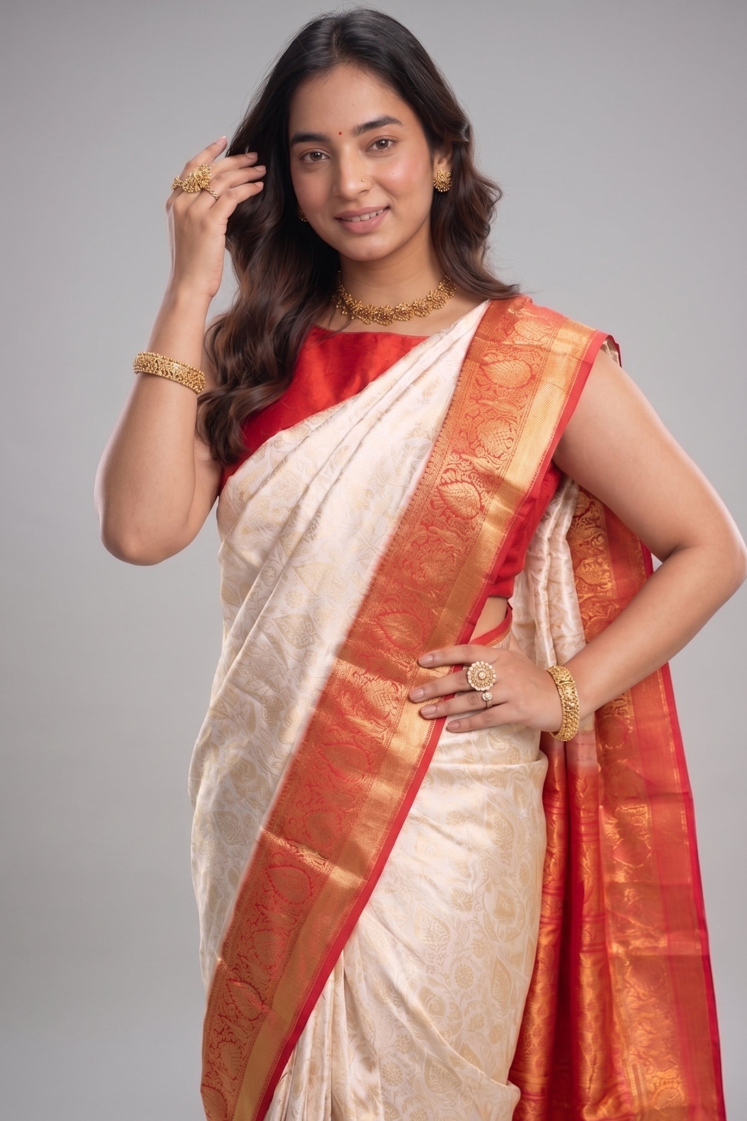 Cream Kanchipuram Saree Featuring Intricate All-Over Brocade Weaving With Red Accent Border Secondary image