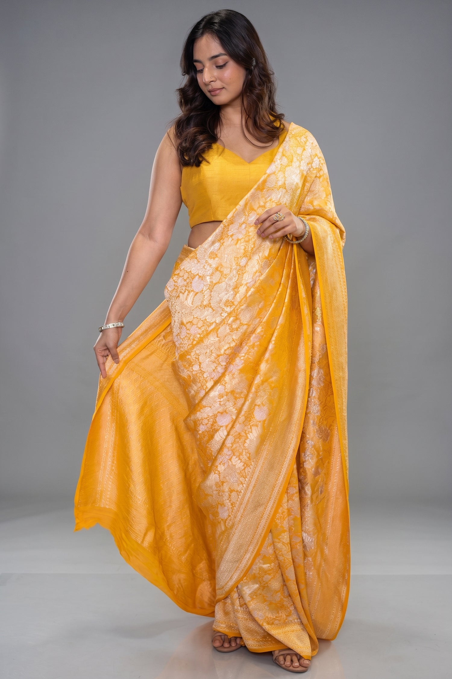Yellow Banarasi Khaddi Georgette Saree With All-Over Intricate Zari Weaving