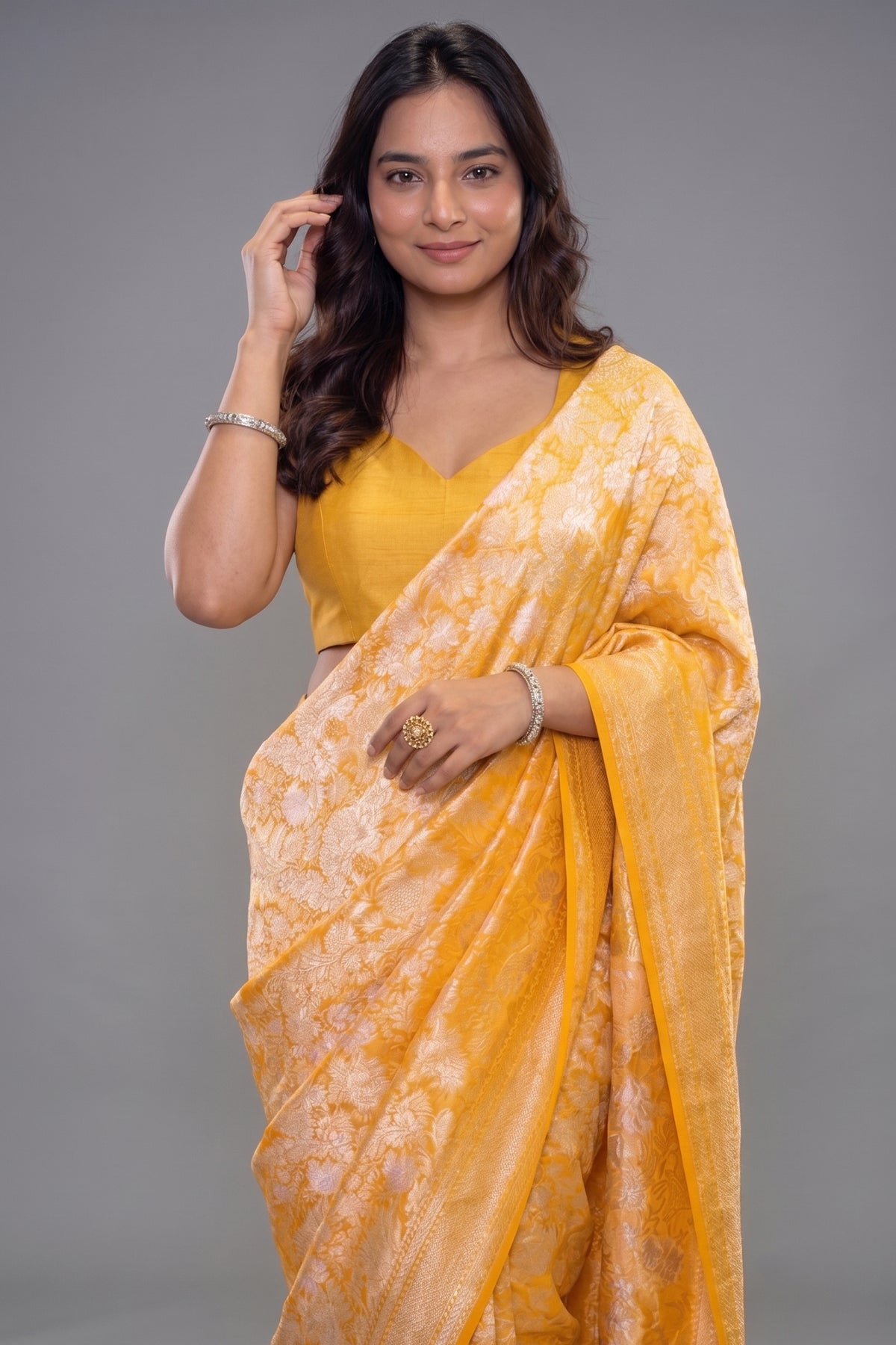 Yellow Banarasi Georgette Saree With All-Over Intricate Zari Weaving