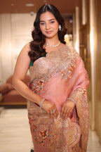 Dusty Pink Organza Saree Featuring Artisanal Marodi And Mixed-Media Floral Scalloped Borders