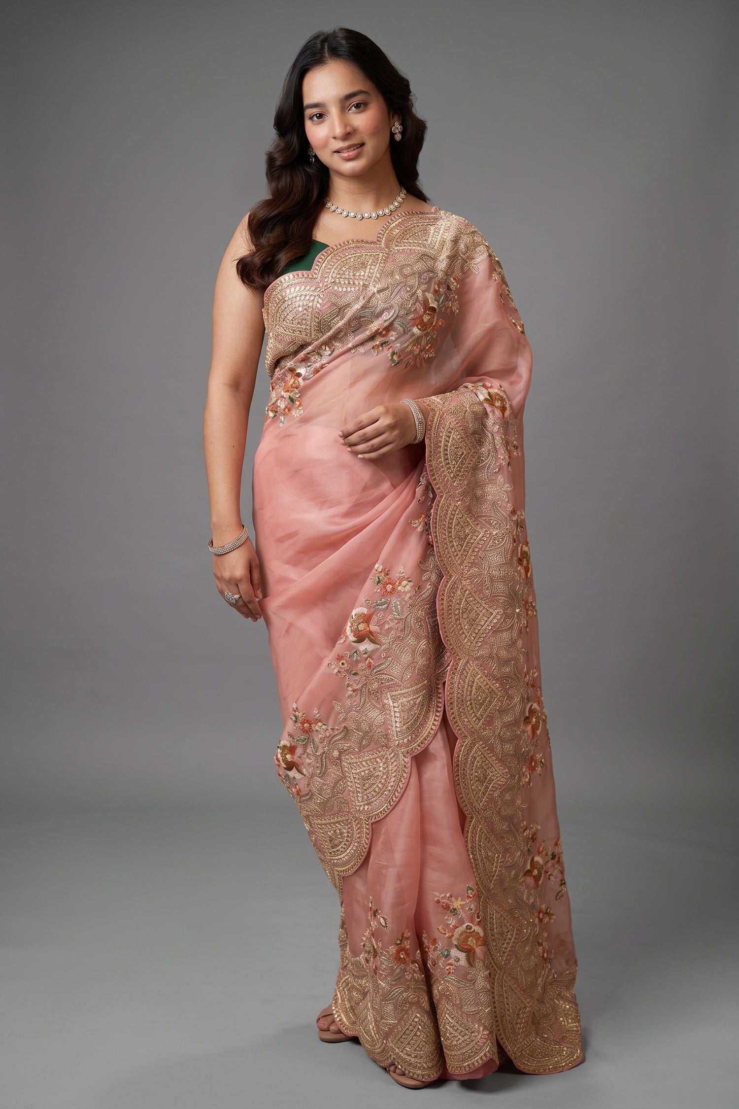 Dusty Pink Organza Saree Featuring Artisanal Marodi And Mixed-Media Floral Scalloped Borders Main image