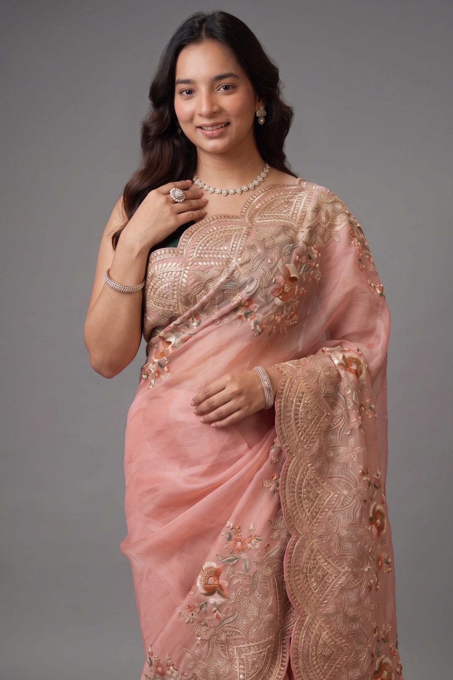 Dusty Pink Organza Saree Featuring Artisanal Marodi And Mixed-Media Floral Scalloped Borders Secondary image