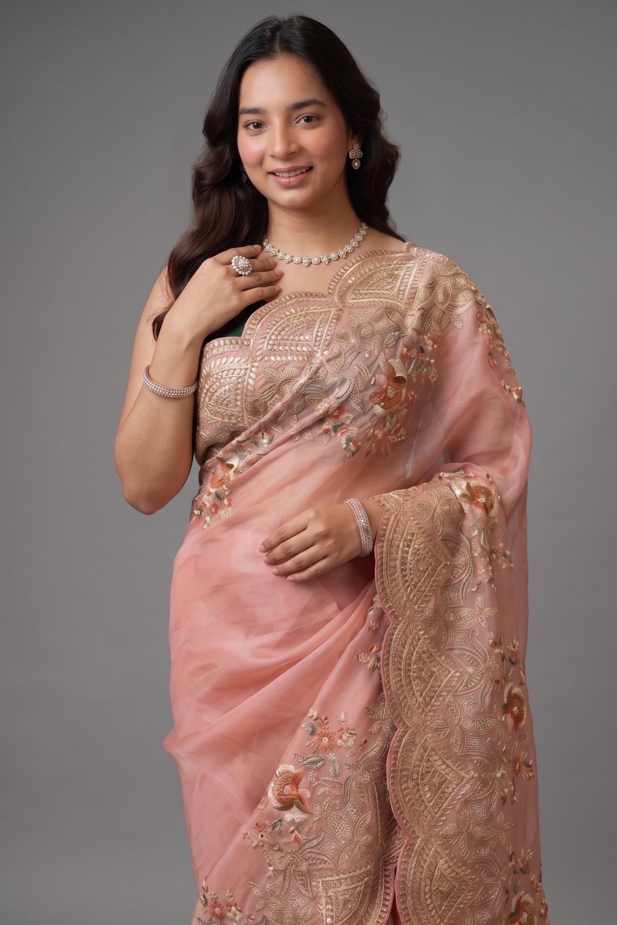 Dusty Pink Organza Saree Featuring Artisanal Marodi And Mixed-Media Floral Scalloped Borders