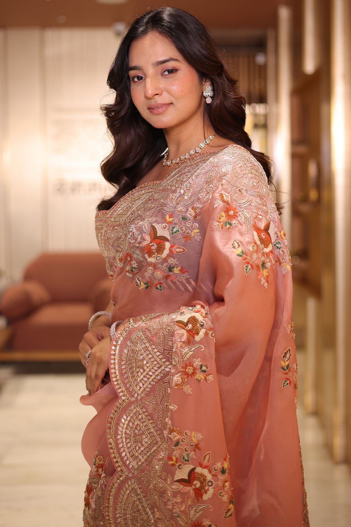Dusty Pink Organza Saree Featuring Artisanal Marodi And Mixed-Media Floral Scalloped Borders