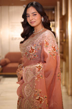 Dusty Pink Organza Saree Featuring Artisanal Marodi And Mixed-Media Floral Scalloped Borders
