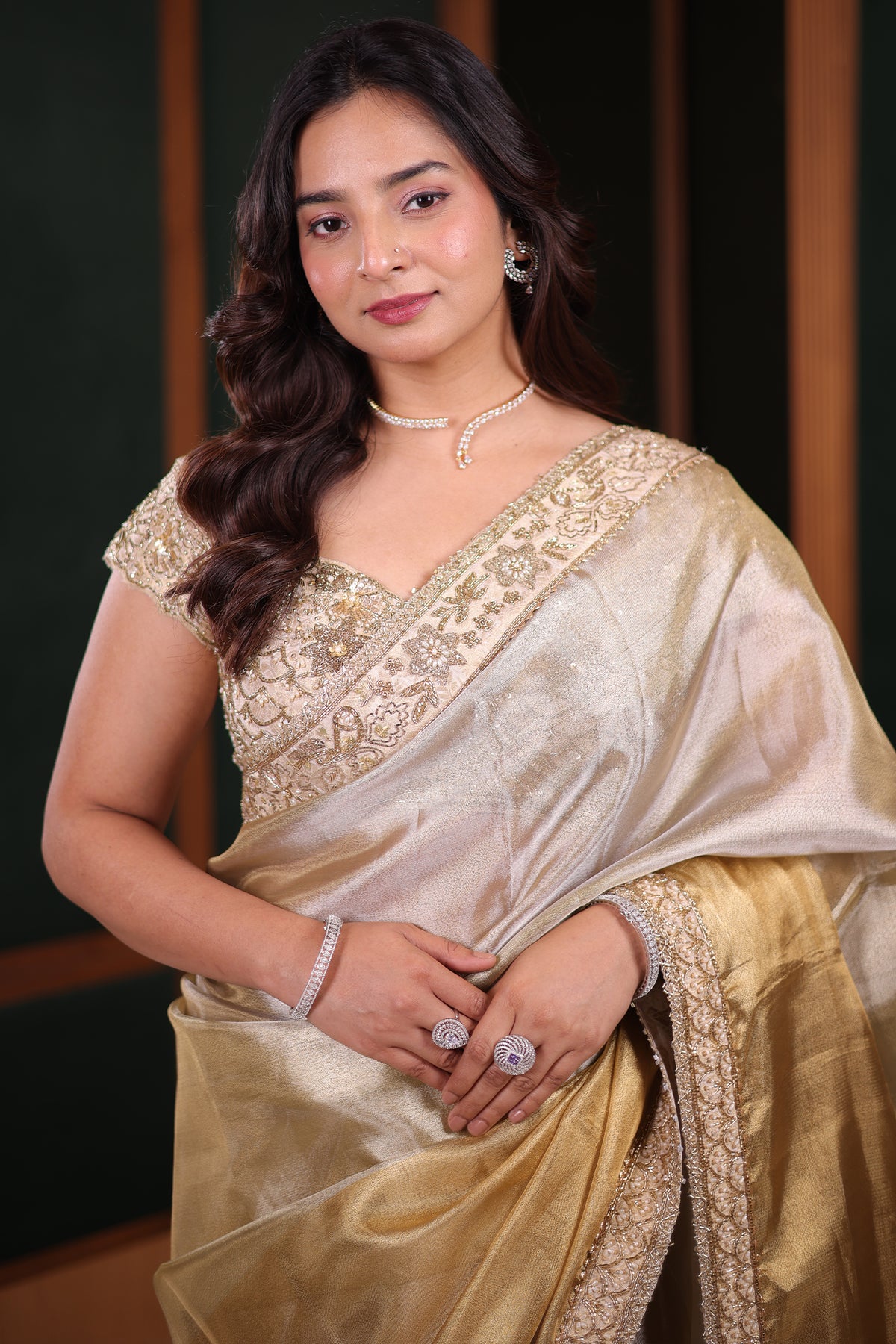 Dual-Tone Silver Golden Tissue Saree Featuring Intricate Handwork Lace Border With Coordinated Heavy Blouse