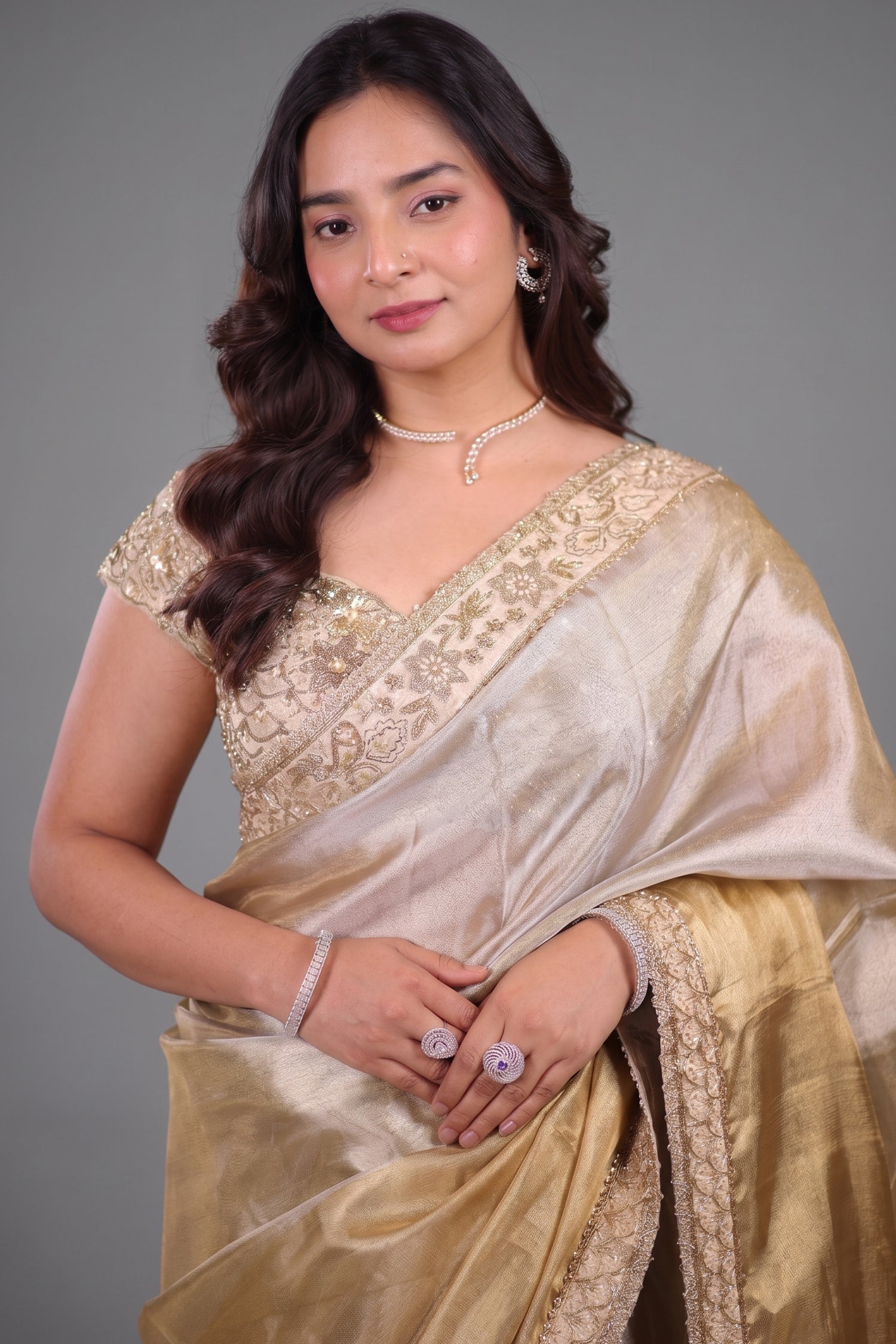 Dual-Tone Silver Golden Tissue Saree Featuring Intricate Handwork Lace Border With Coordinated Heavy Blouse Secondary image