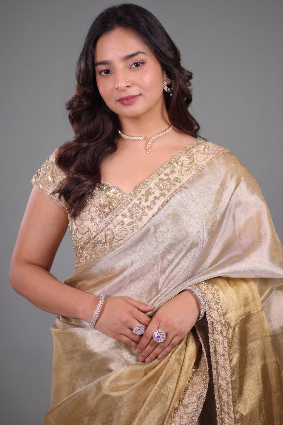 Dual-Tone Silver Golden Tissue Saree Featuring Intricate Handwork Lace Border With Coordinated Heavy Blouse