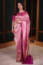 Magenta Rani Banarasi Katan Silk Saree Featuring Fine Traditional Golden Brocade Weave