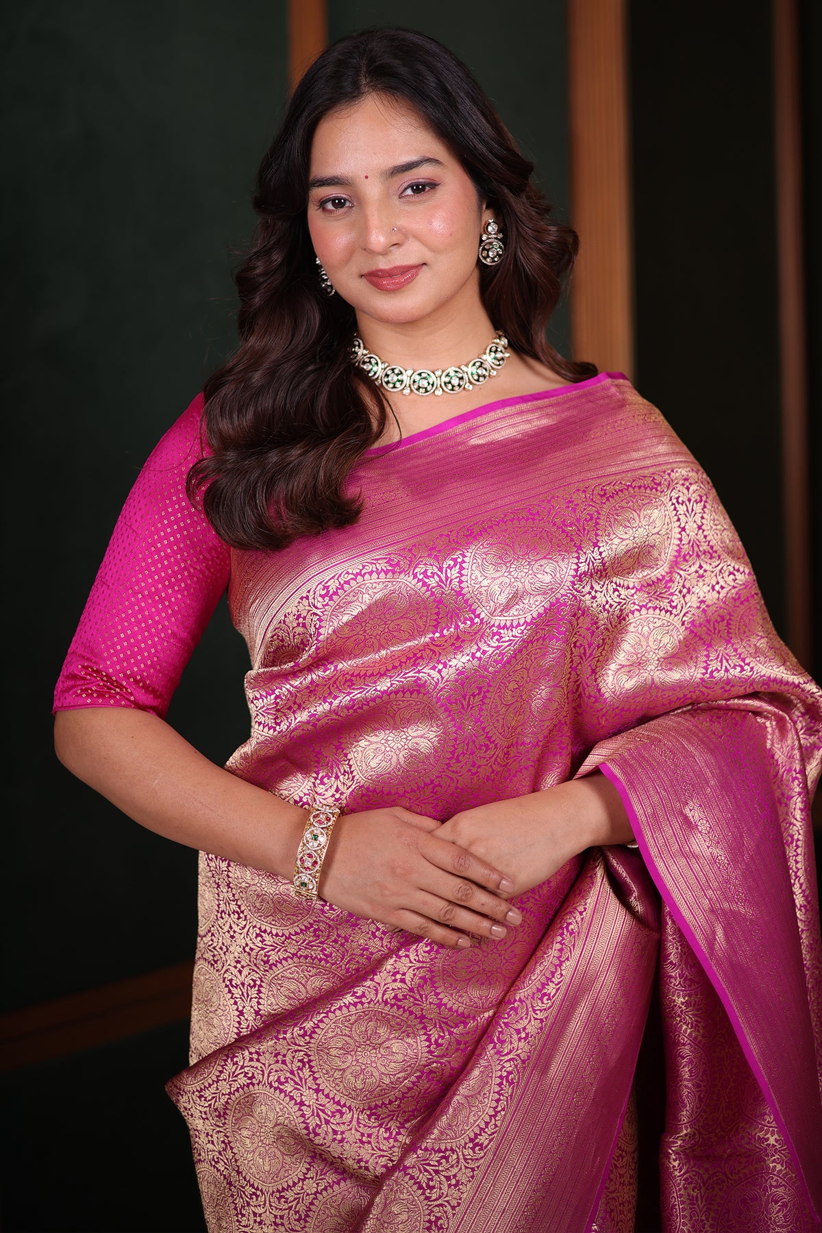 Magenta Rani Banarasi Katan Silk Saree Featuring Fine Traditional Golden Brocade Weave