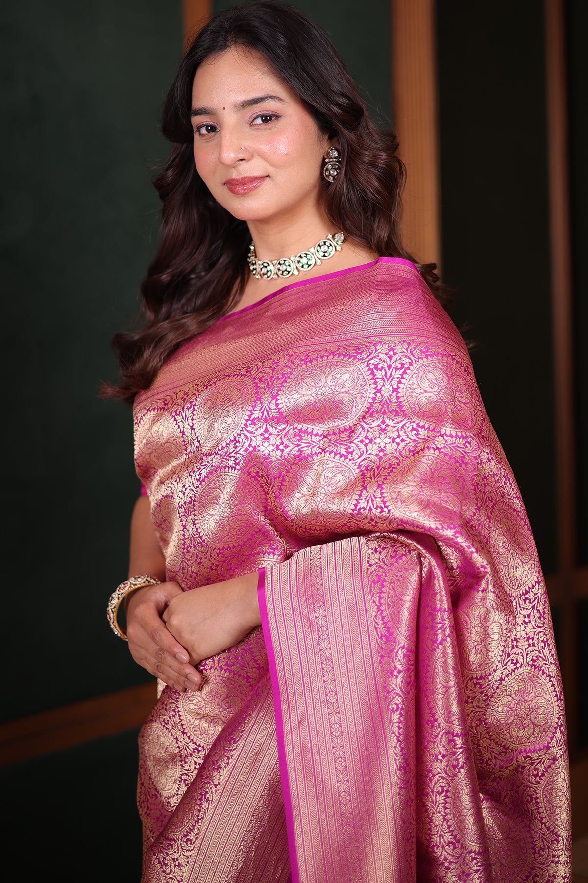 Magenta Rani Banarasi Katan Silk Saree Featuring Fine Traditional Golden Brocade Weave