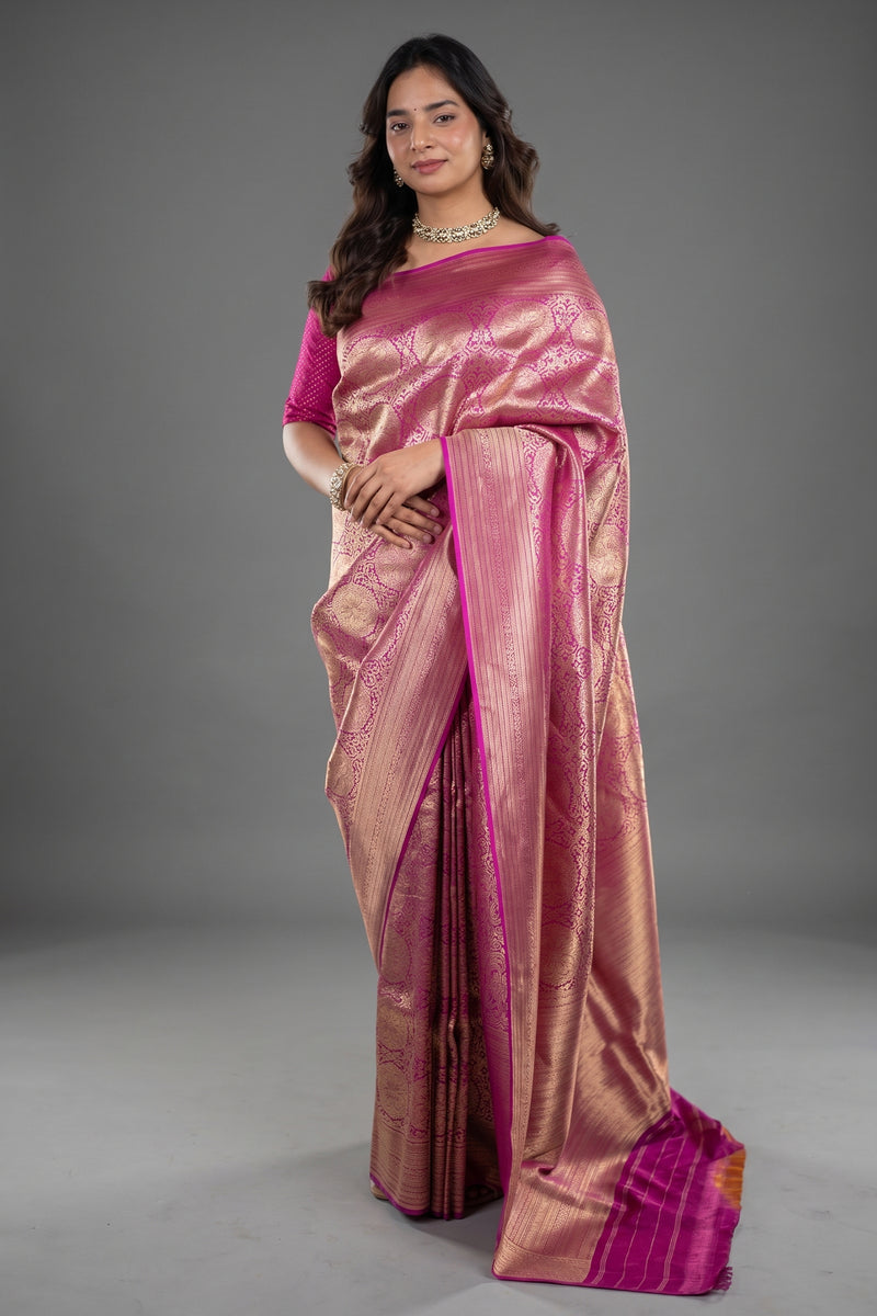 Magenta Rani Banarasi Katan Silk Saree Featuring Fine Traditional Golden Brocade Weave