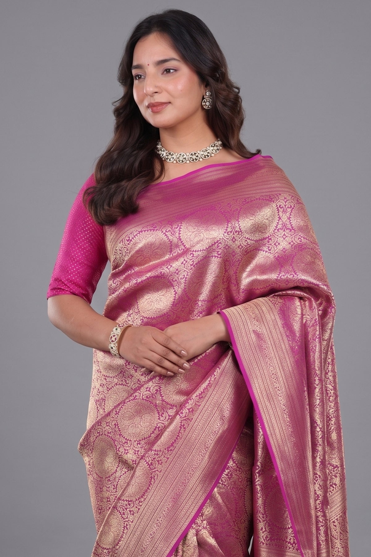 Magenta Rani Banarasi Katan Silk Saree Featuring Fine Traditional Golden Brocade Weave