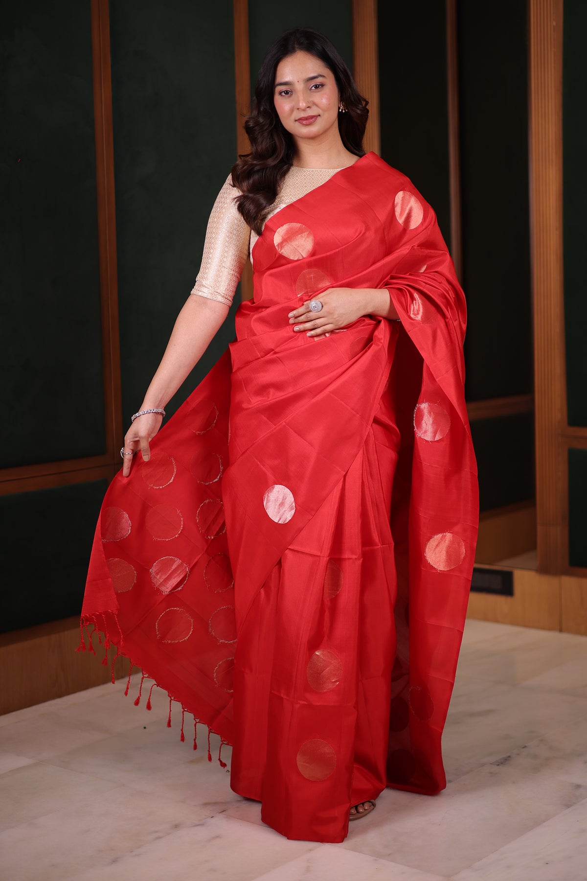Scarlet Red Handloom Blend Silk Saree Featuring Bold Woven Circular Zari Buttas