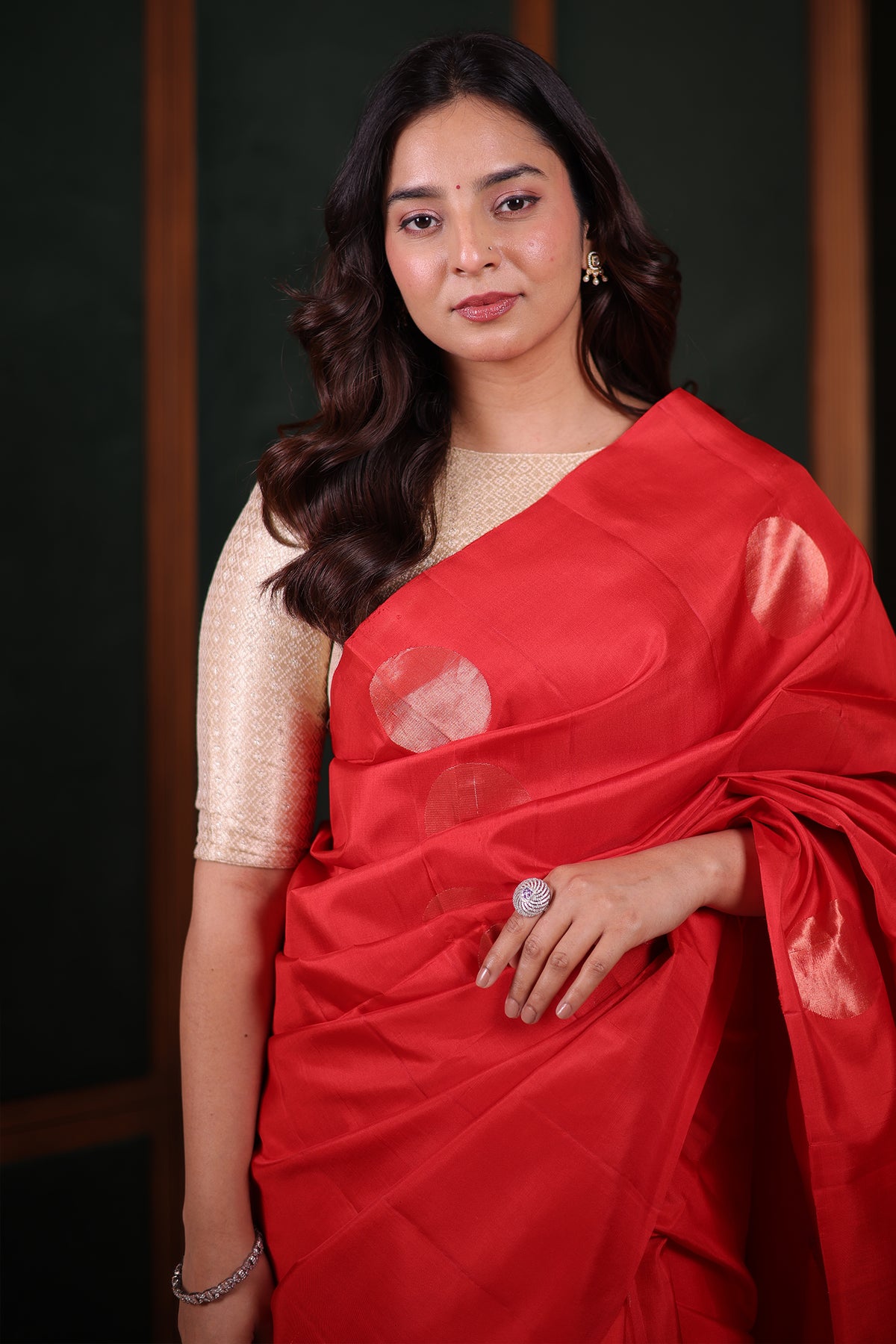 Scarlet Red Handloom Blend Silk Saree Featuring Bold Woven Circular Zari Buttas