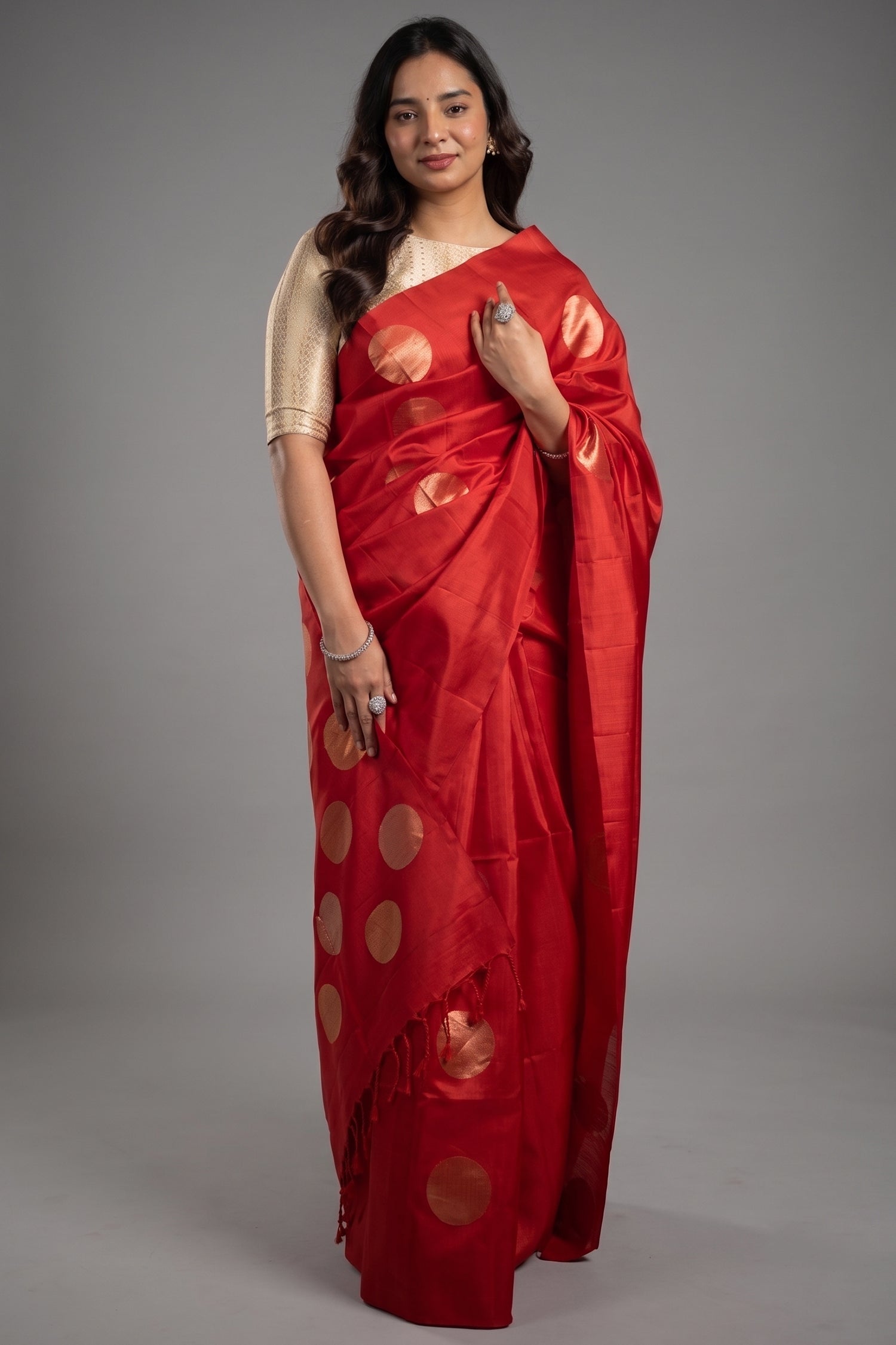 Scarlet Red Handloom Blend Silk Saree Featuring Bold Woven Circular Zari Buttas Main image