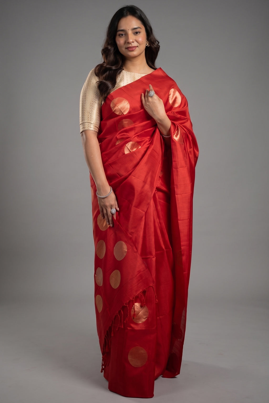 Scarlet Red Handloom Blend Silk Saree Featuring Bold Woven Circular Zari Buttas