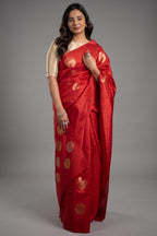 Scarlet Red Handloom Blend Silk Saree Featuring Bold Woven Circular Zari Buttas
