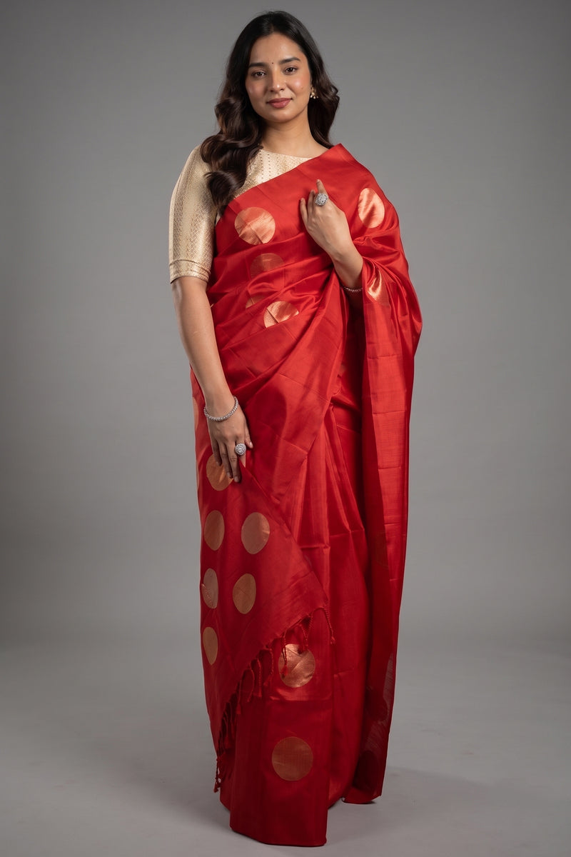 Scarlet Red Handloom Blend Silk Saree Featuring Bold Woven Circular Zari Buttas