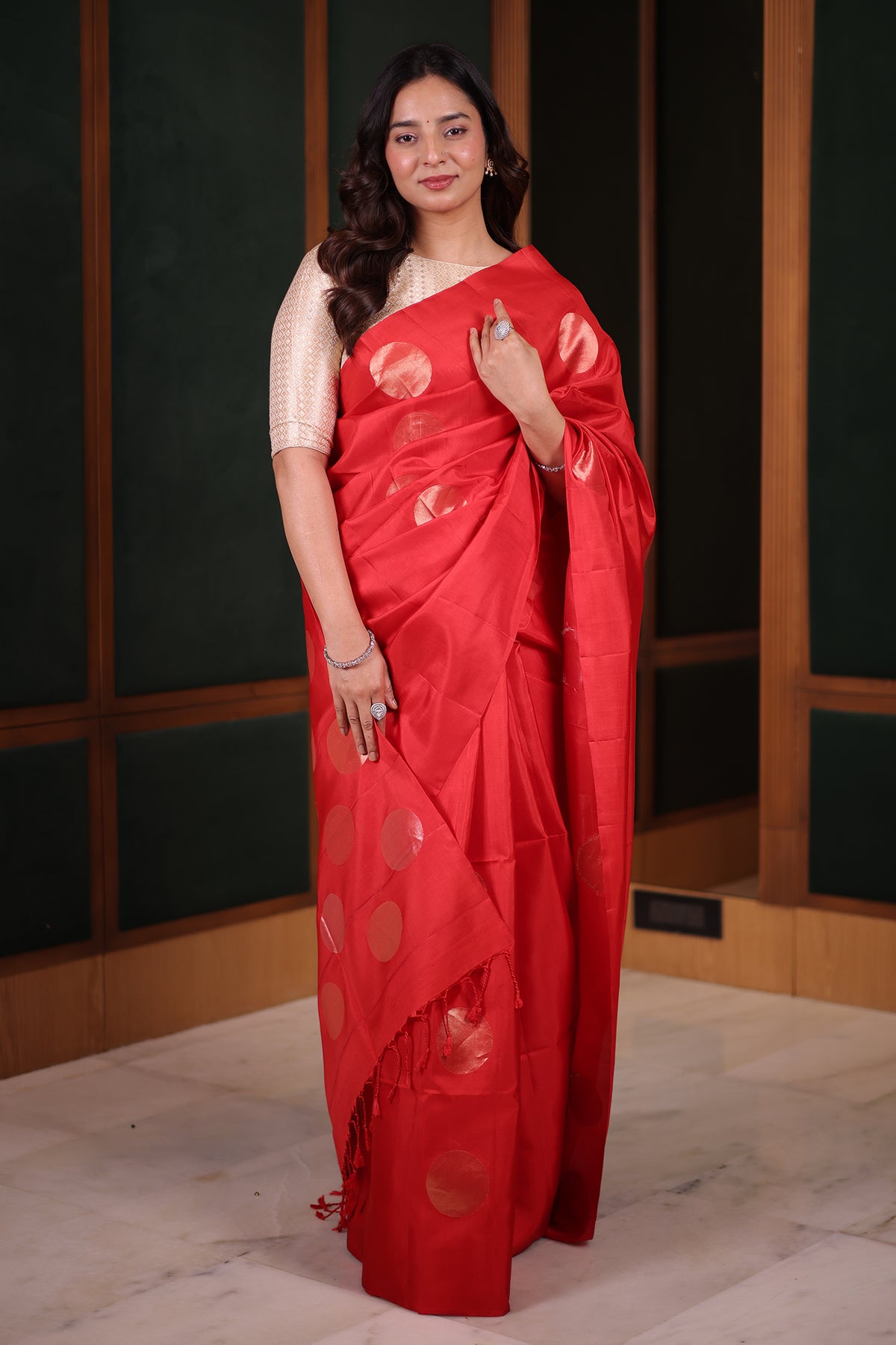 Scarlet Red Handloom Blend Silk Saree Featuring Bold Woven Circular Zari Buttas