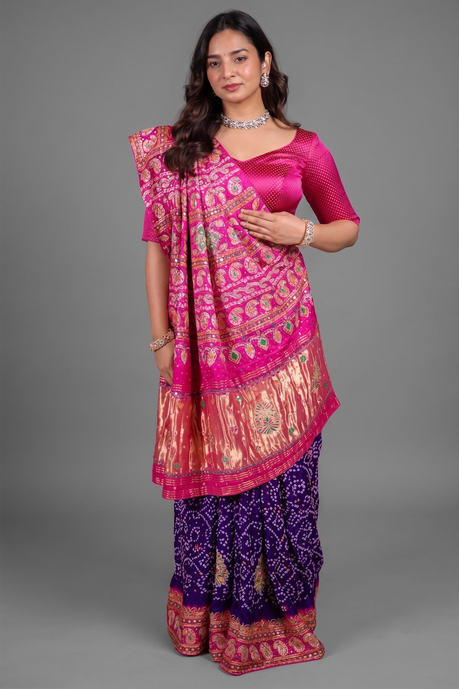Deep Indigo Purple Gaji Silk Bandhani Saree With Festive Pink Border And Pallu Accented By Intricate Applique And Embroidery Main image
