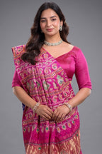 Deep Indigo Purple Gaji Silk Bandhani Saree With Festive Pink Border And Pallu Accented By Intricate Applique And Embroidery