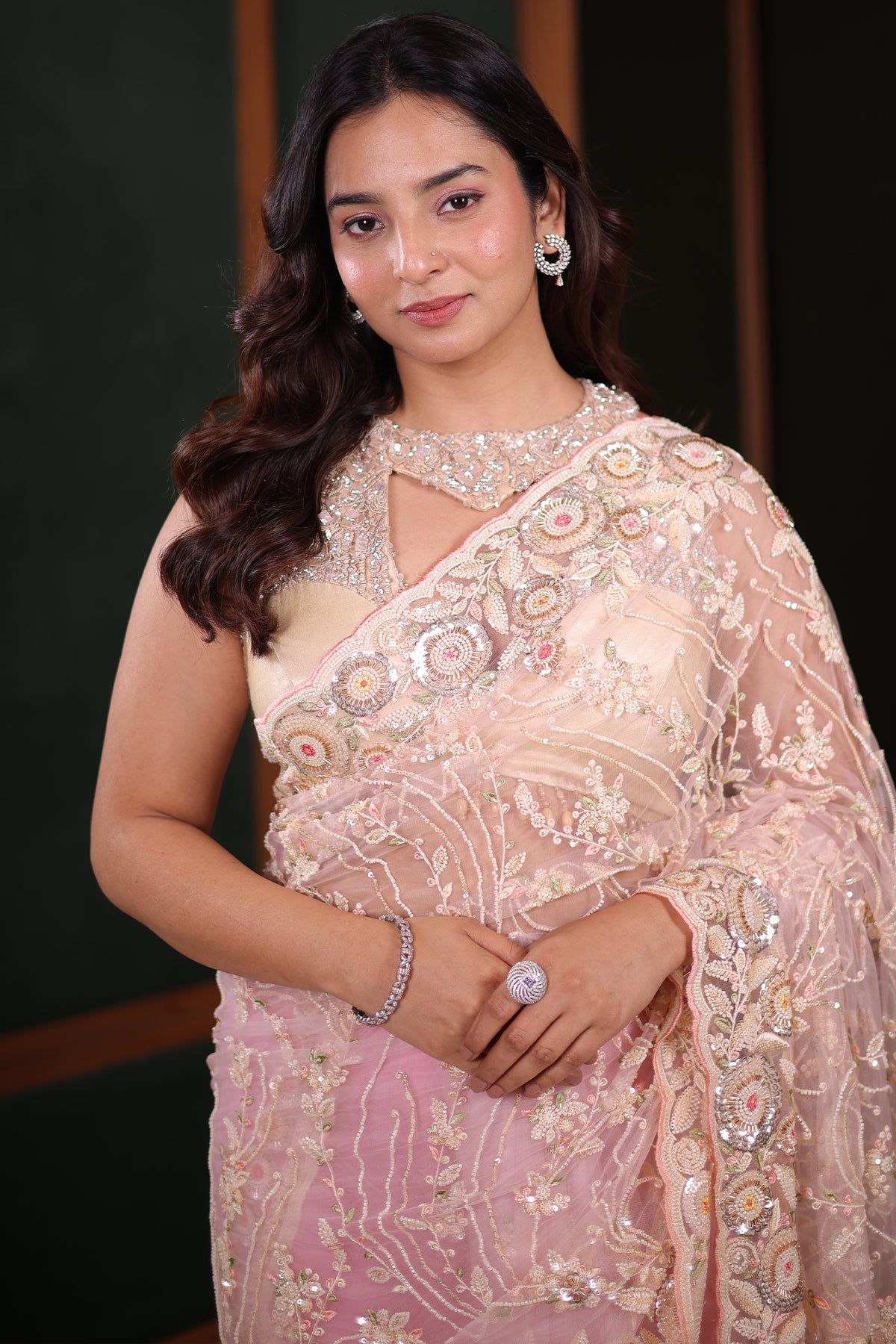 Blush Pink Net Designer Saree Enriched With Glamorous Sequins And Cutdana Hand Embroidery