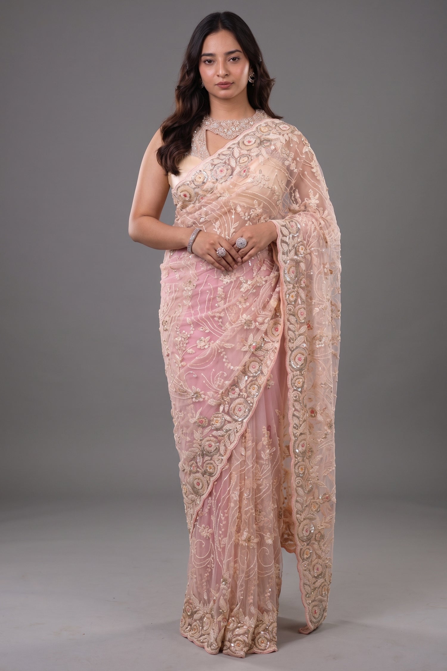Blush Pink Net Designer Saree Enriched With Glamorous Sequins And Cutdana Hand Embroidery Main image