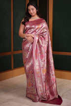 Magenta and Rose Gold Banarasi Tissue Silk Saree Woven With Intricate Floral Meenakari Zari Patterns